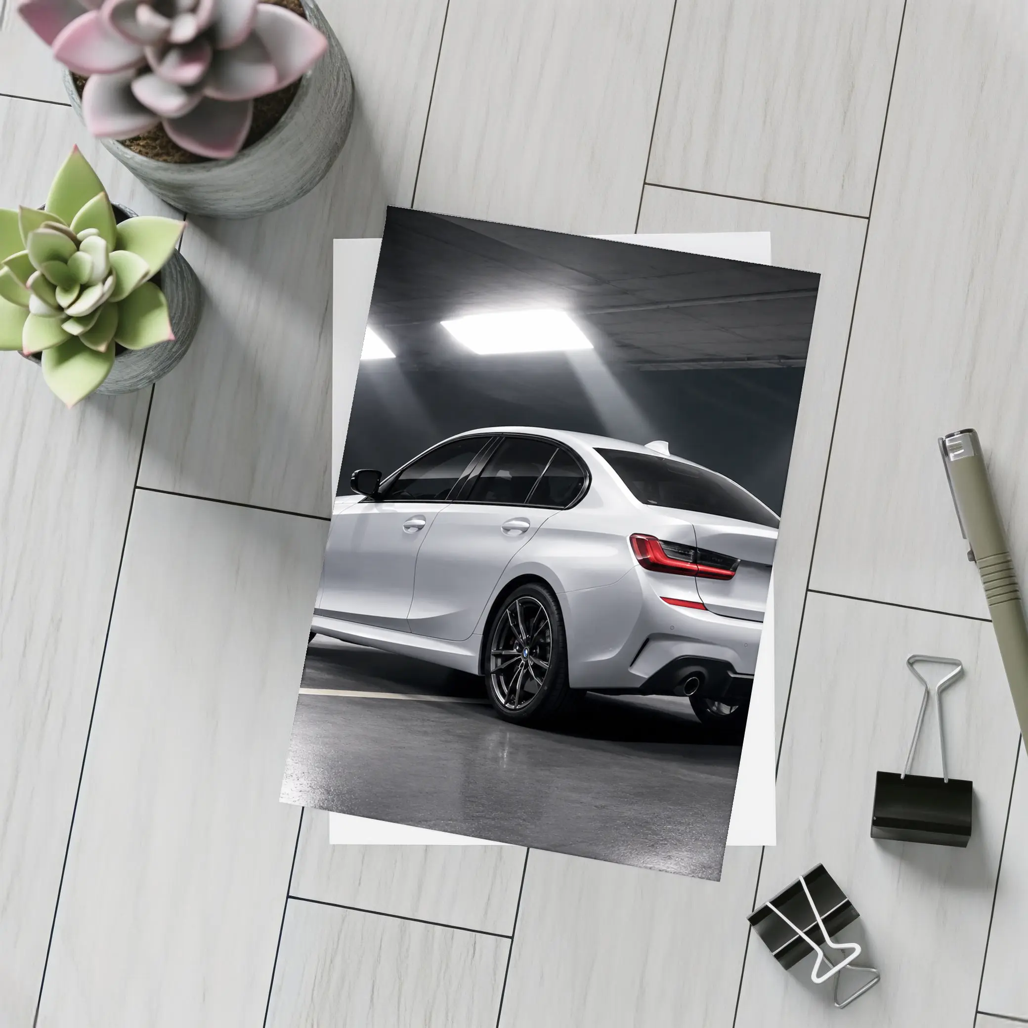 BMW 3 Series White Sedan Dark Garage – Postcards