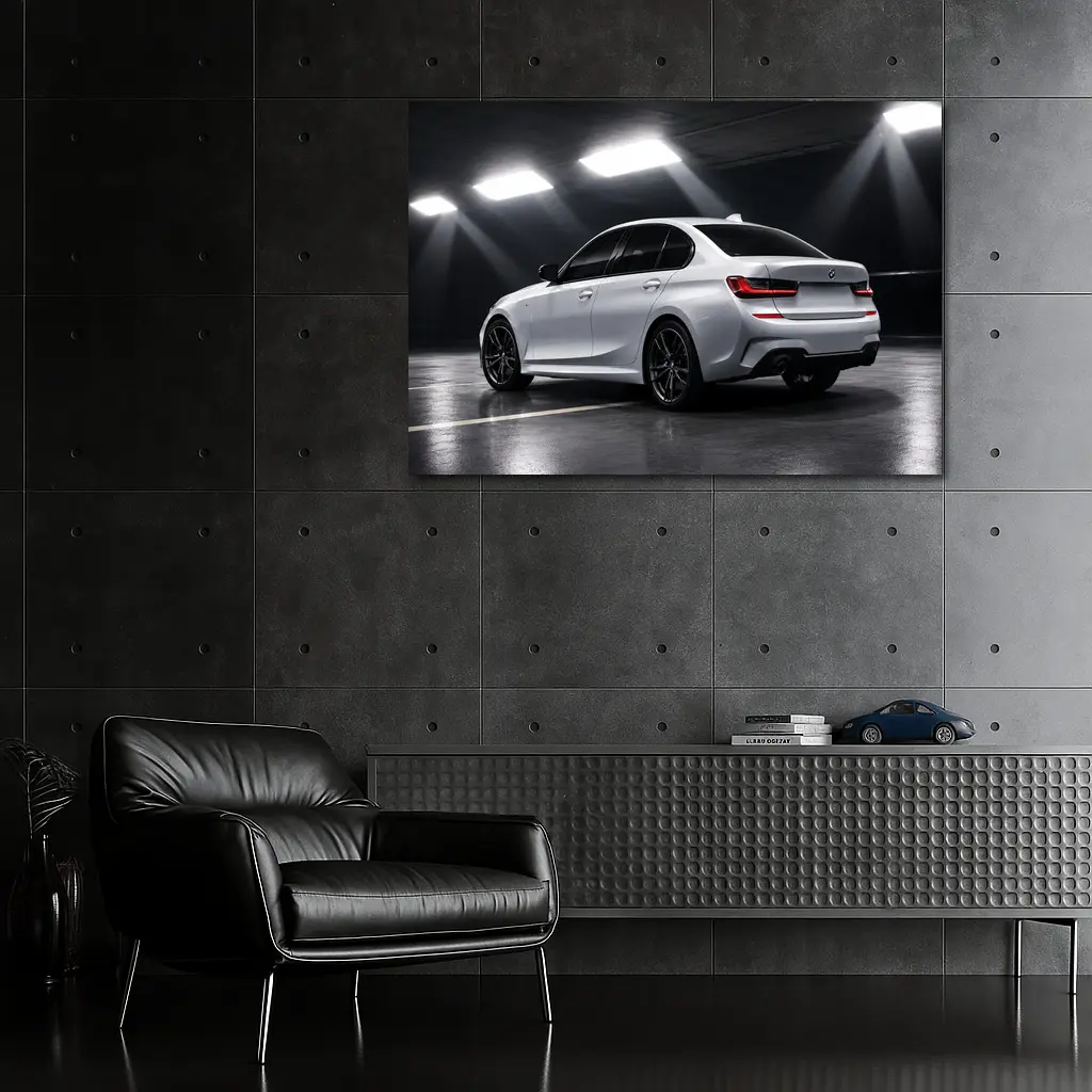 BMW 3 Series White Sedan Dark Garage – Wall Art