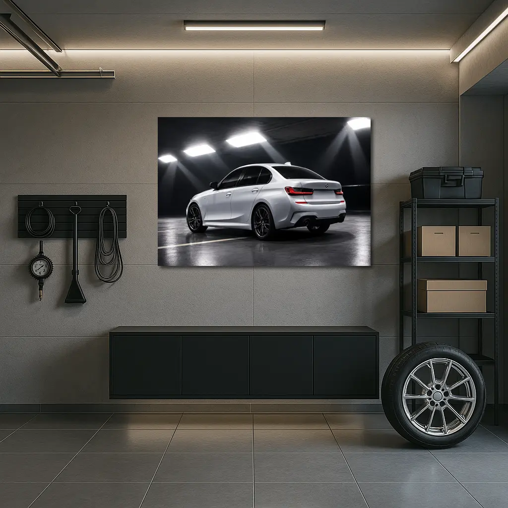 BMW 3 Series White Sedan Dark Garage – Wall Art