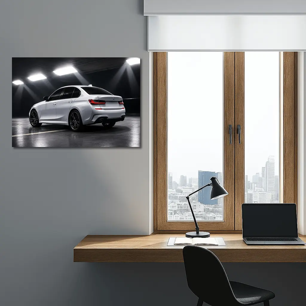 BMW 3 Series White Sedan Dark Garage – Wall Art