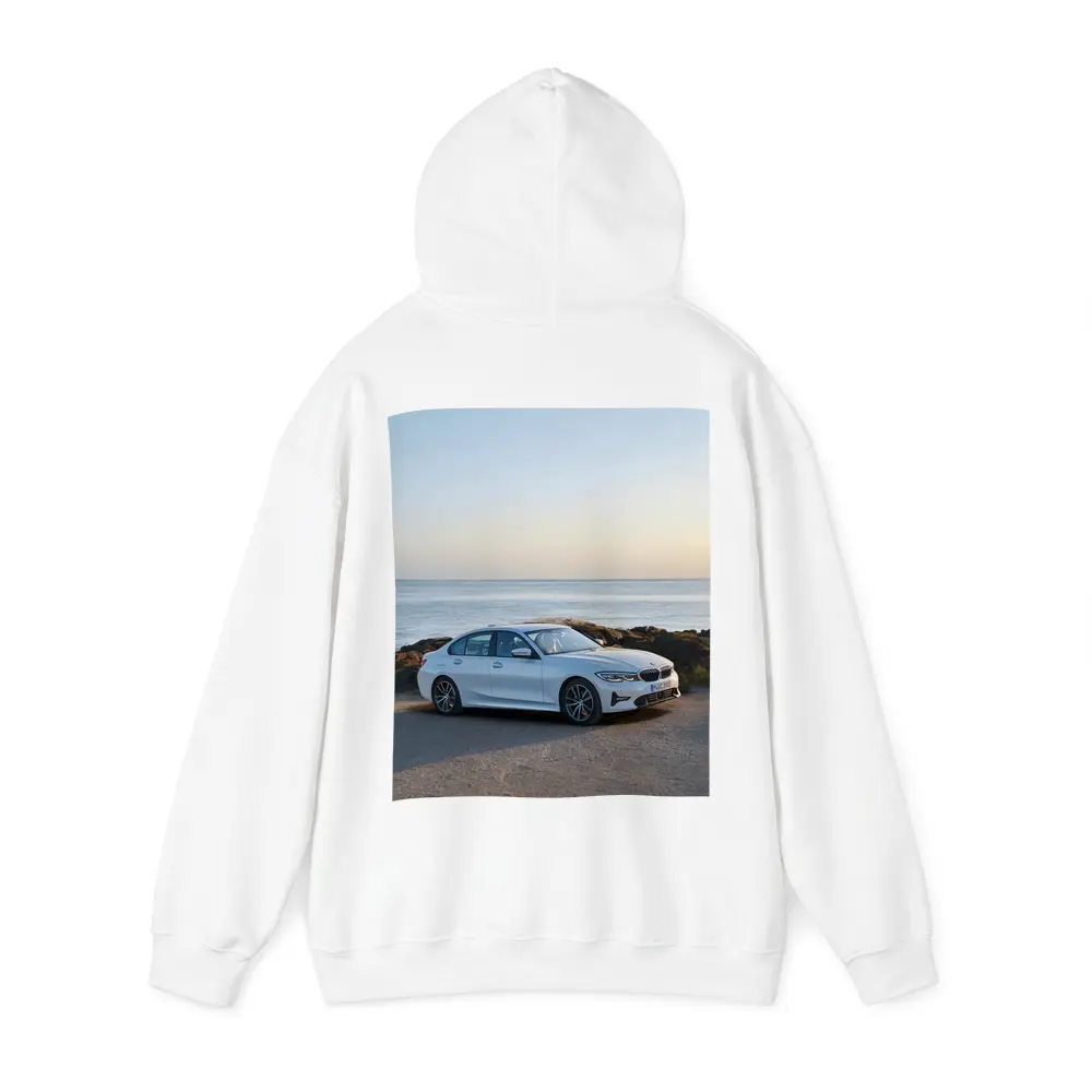 BMW 3 Series White Sedan Coastal Scene – Hoodies