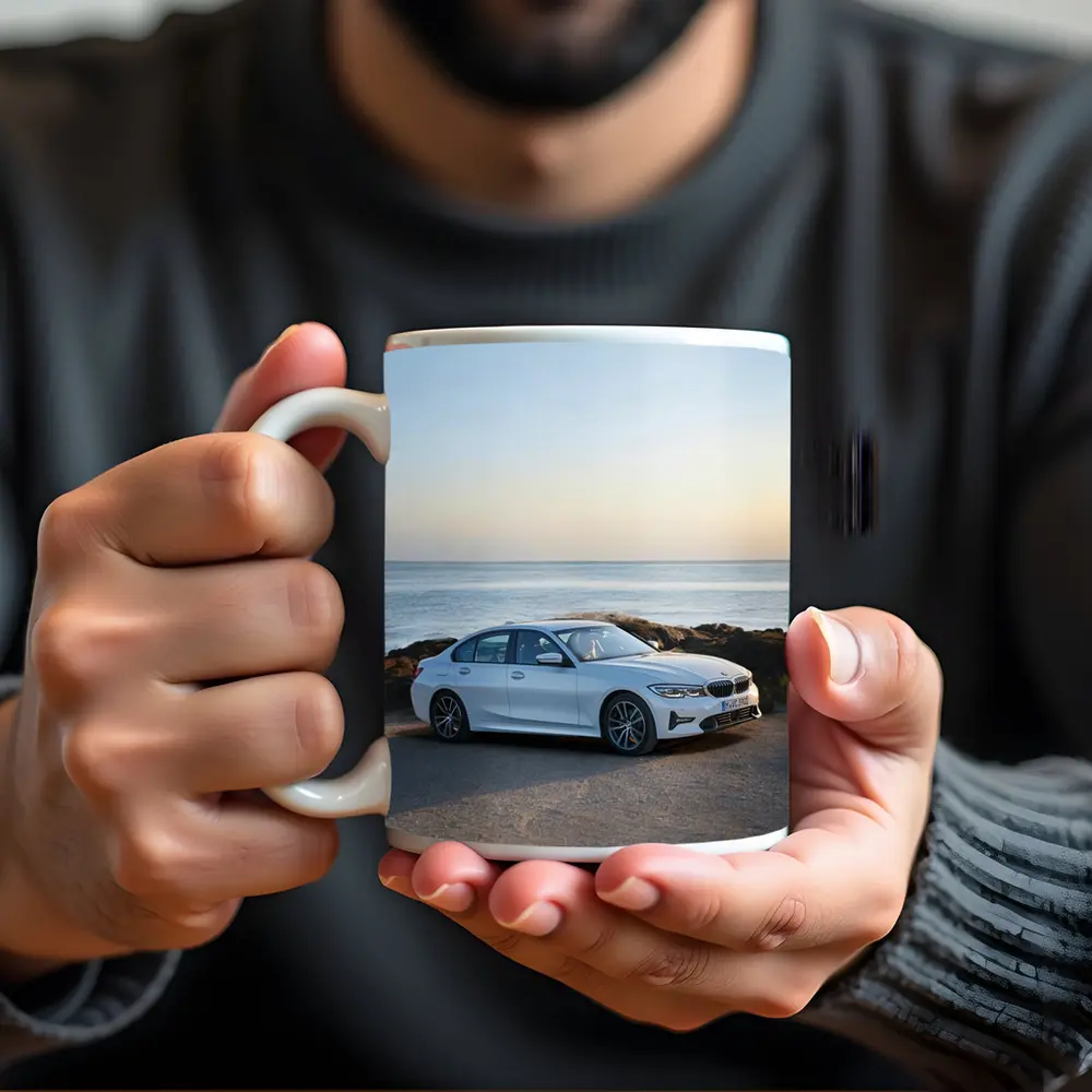 BMW 3 Series White Sedan Coastal Scene – Mugs