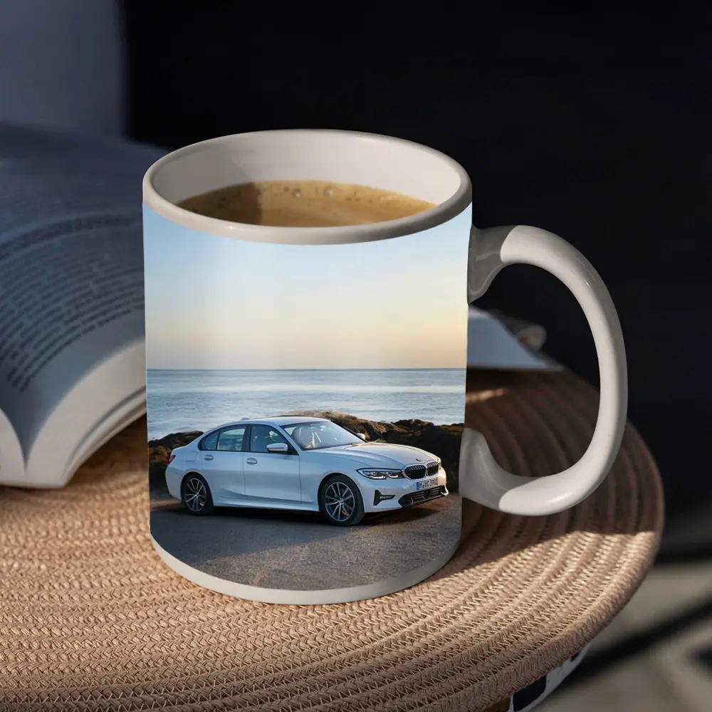 BMW 3 Series White Sedan Coastal Scene – Mugs