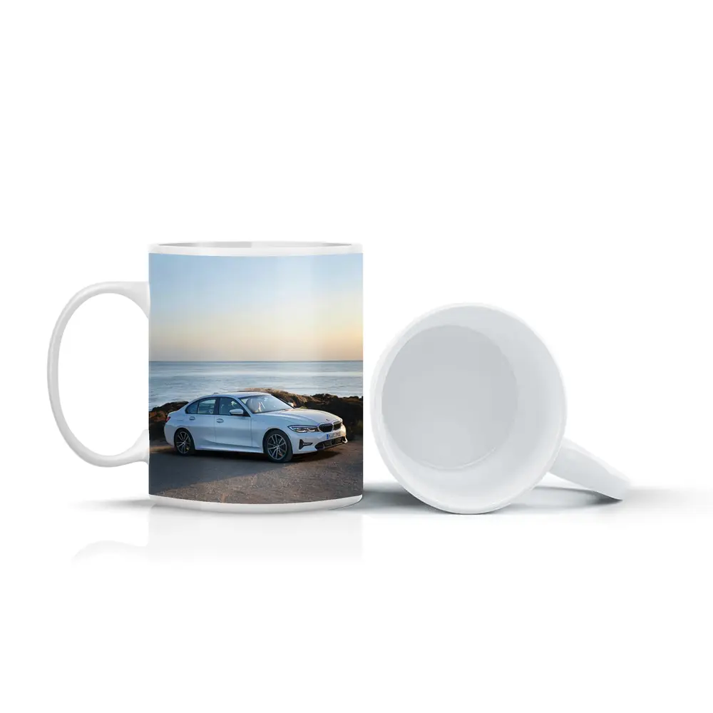 BMW 3 Series White Sedan Coastal Scene – Mugs