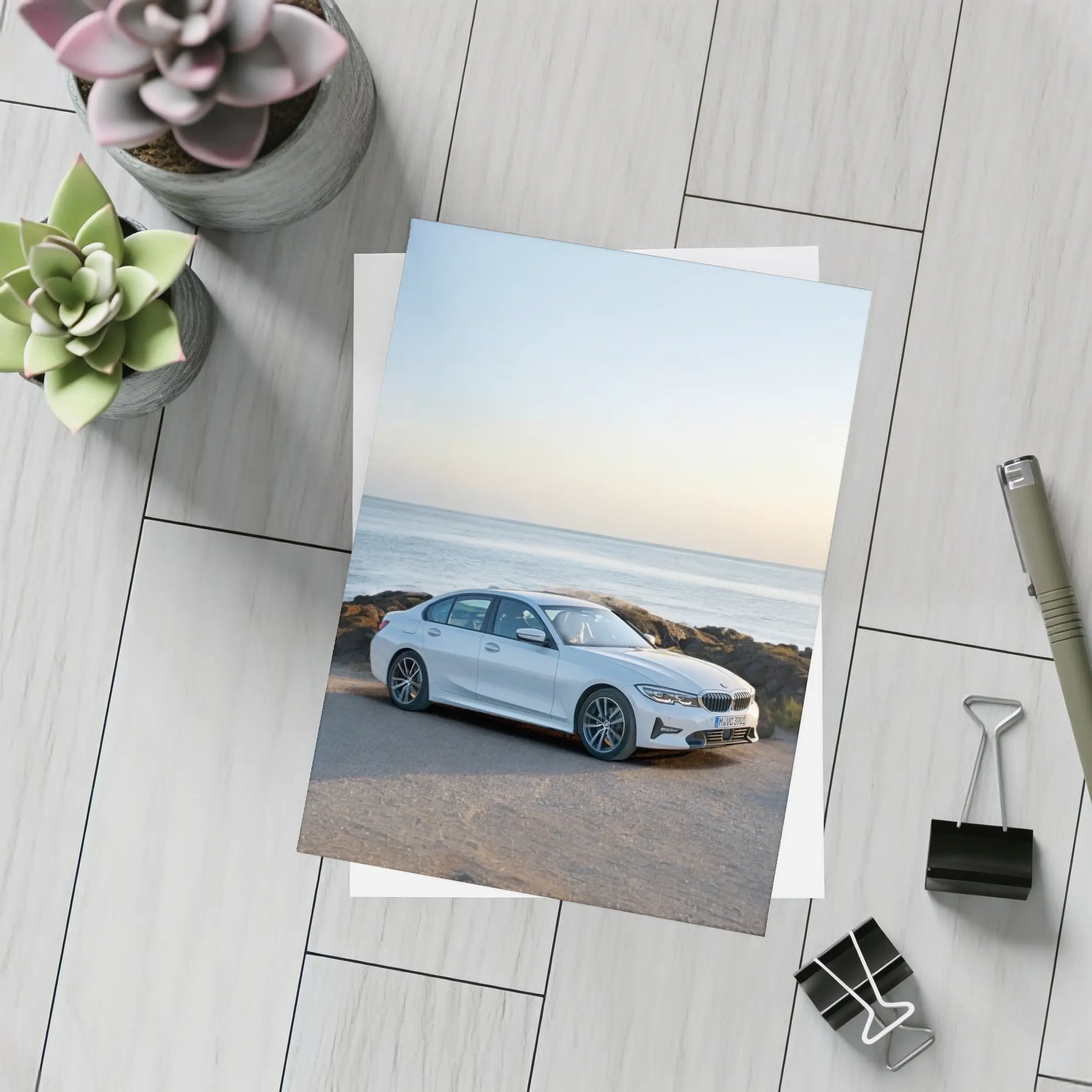 BMW 3 Series White Sedan Coastal Scene – Postcards