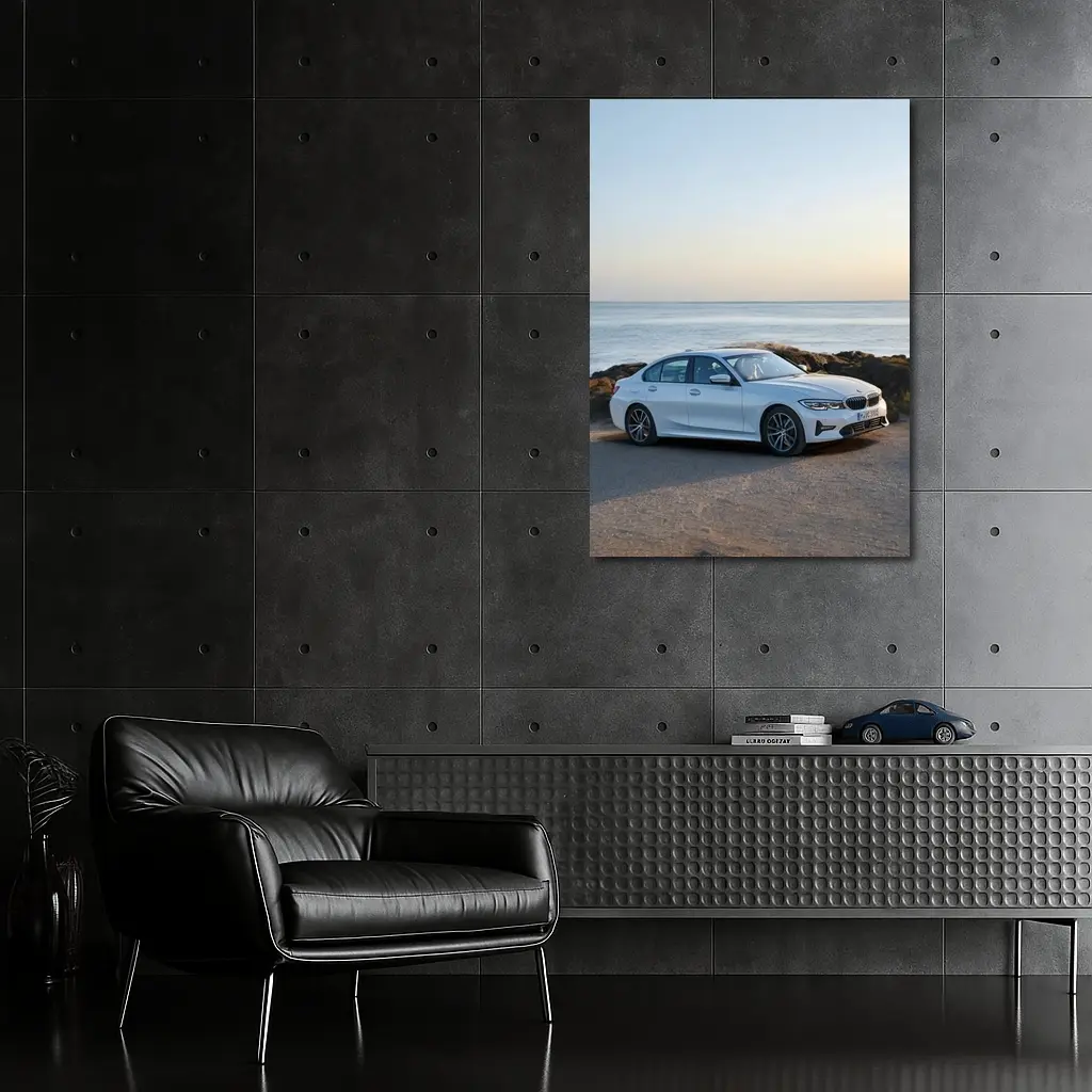 BMW 3 Series White Sedan Coastal Scene – Wall Art