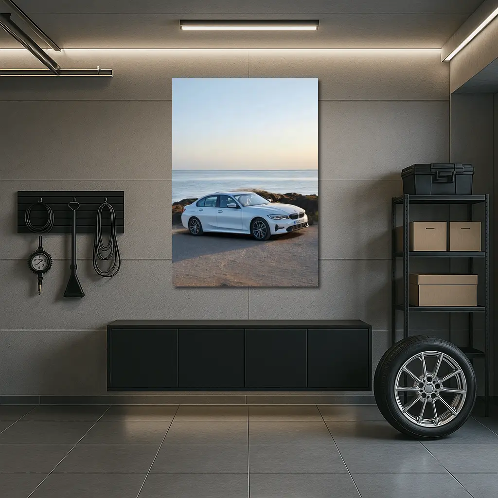 BMW 3 Series White Sedan Coastal Scene – Wall Art