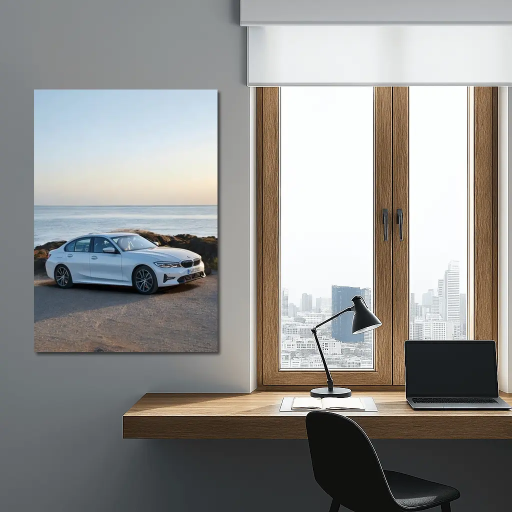 BMW 3 Series White Sedan Coastal Scene – Wall Art