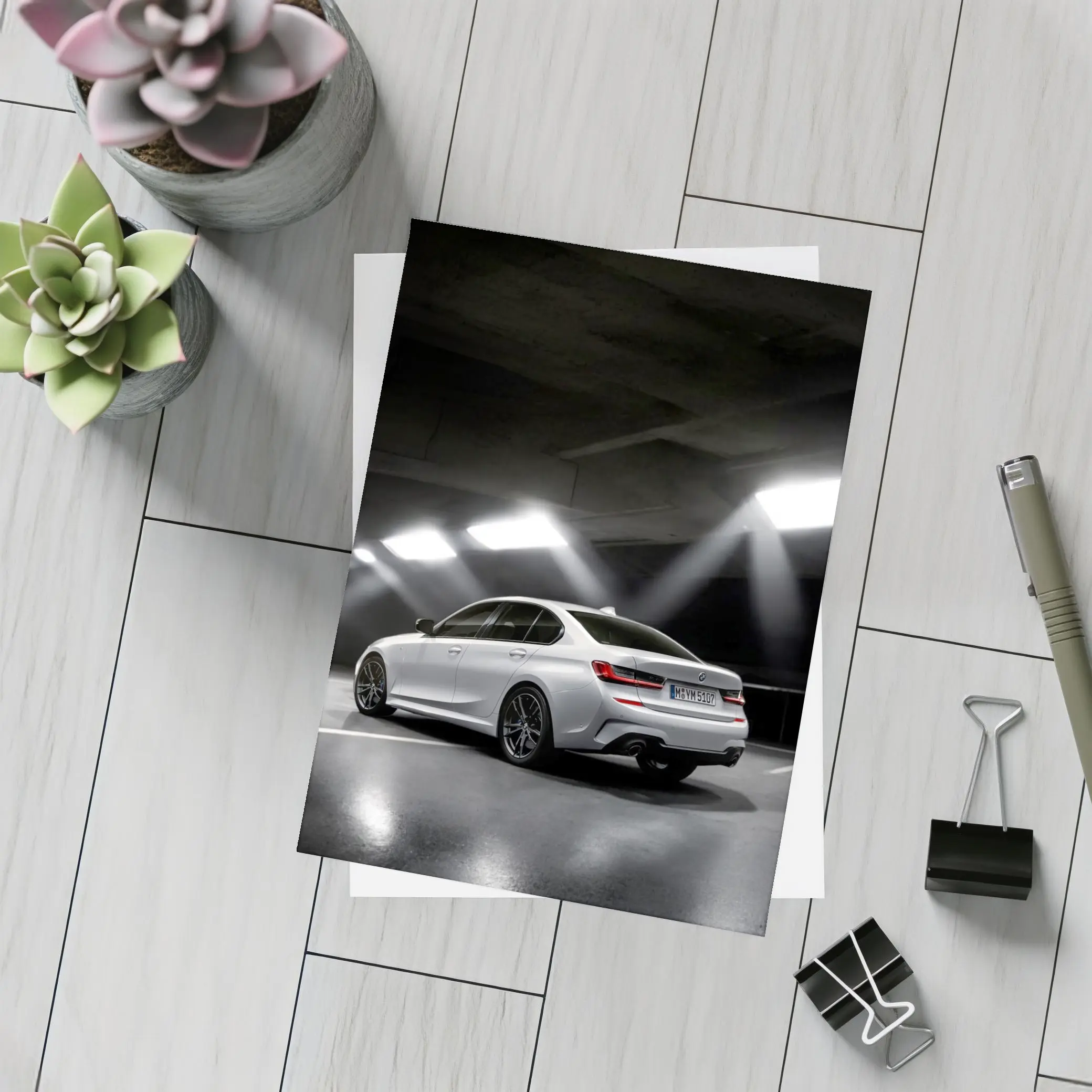 BMW 3 Series White Sedan Dark Garage – Postcards