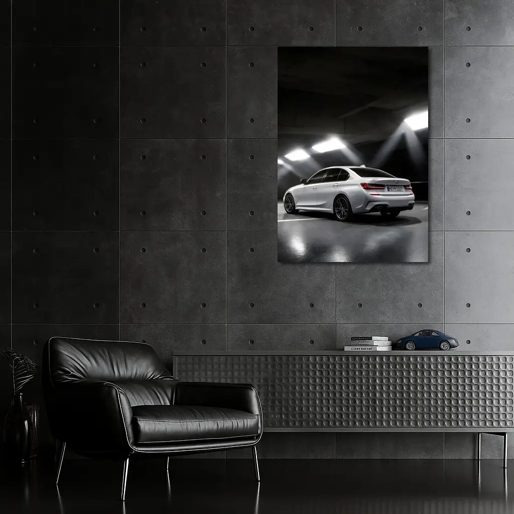 BMW 3 Series White Sedan Dark Garage – Wall Art