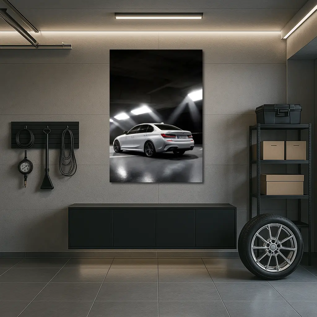 BMW 3 Series White Sedan Dark Garage – Wall Art