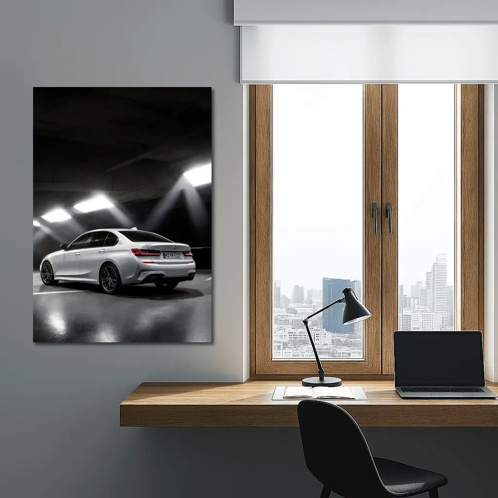BMW 3 Series White Sedan Dark Garage – Wall Art