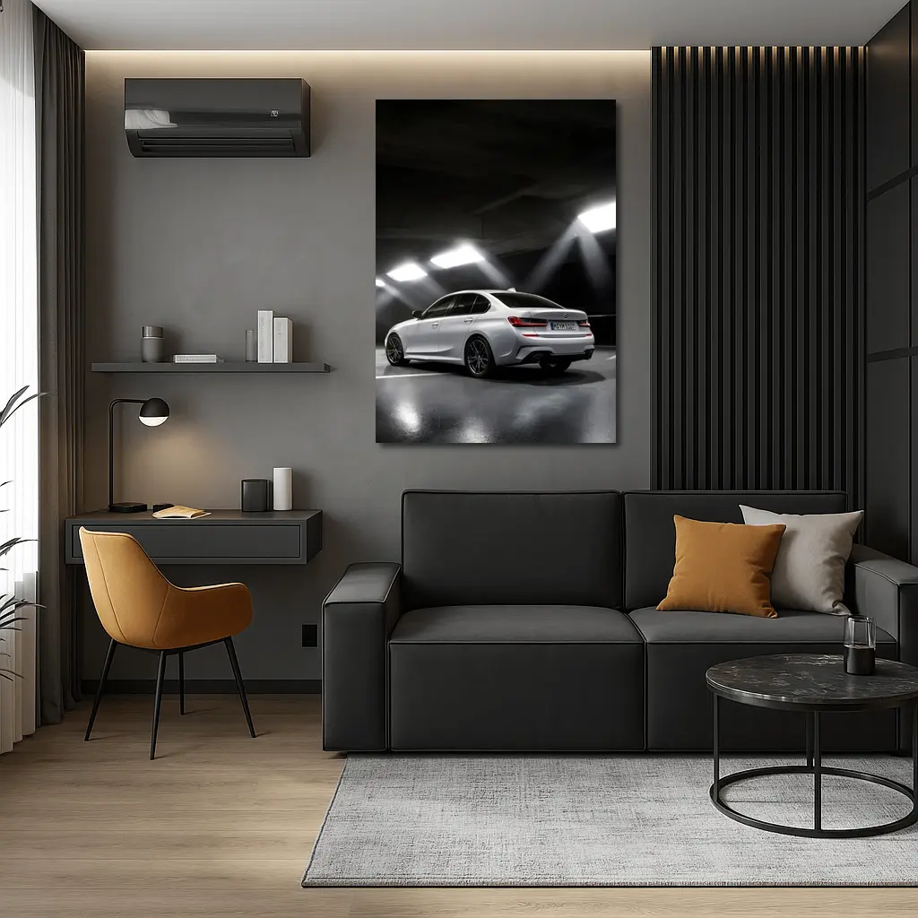 BMW 3 Series White Sedan Dark Garage – Wall Art