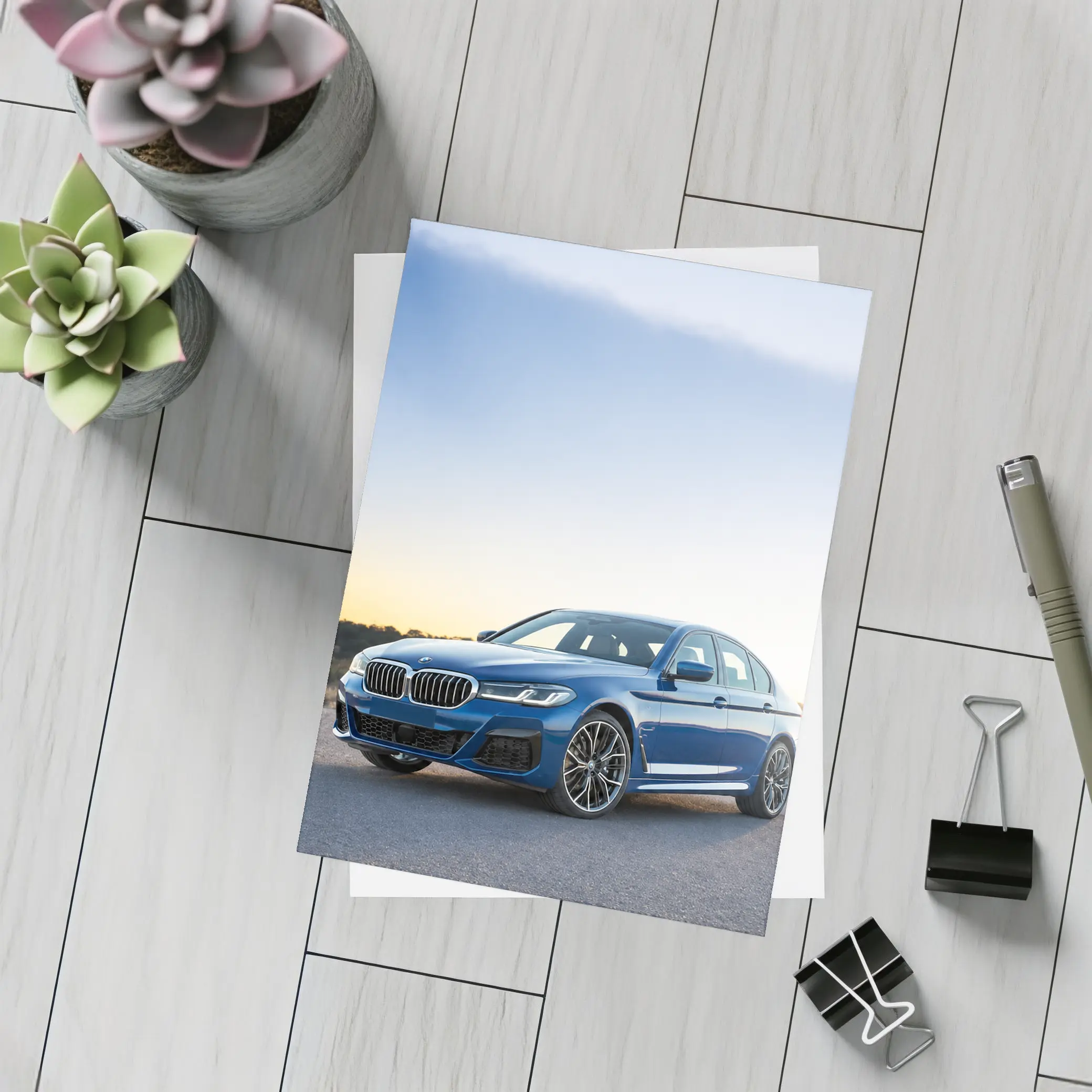 BMW 5 Series Blue Sedan Desert Sunset – Postcards