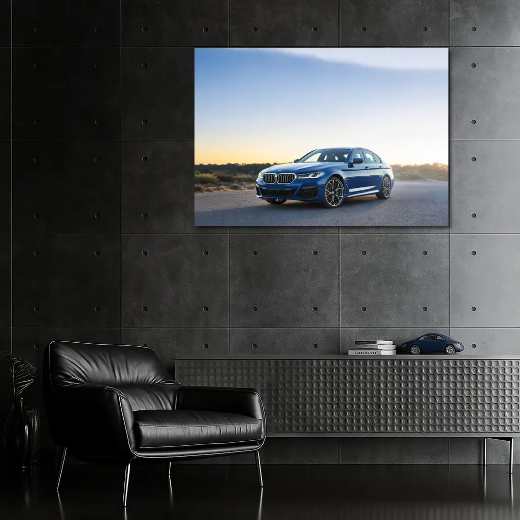 BMW 5 Series Blue Sedan Desert Sunset – Wall Art