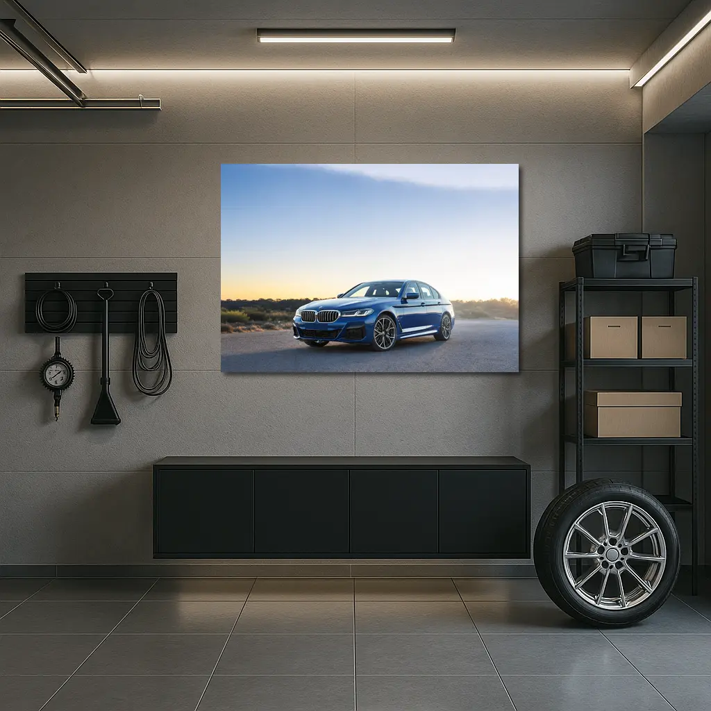 BMW 5 Series Blue Sedan Desert Sunset – Wall Art