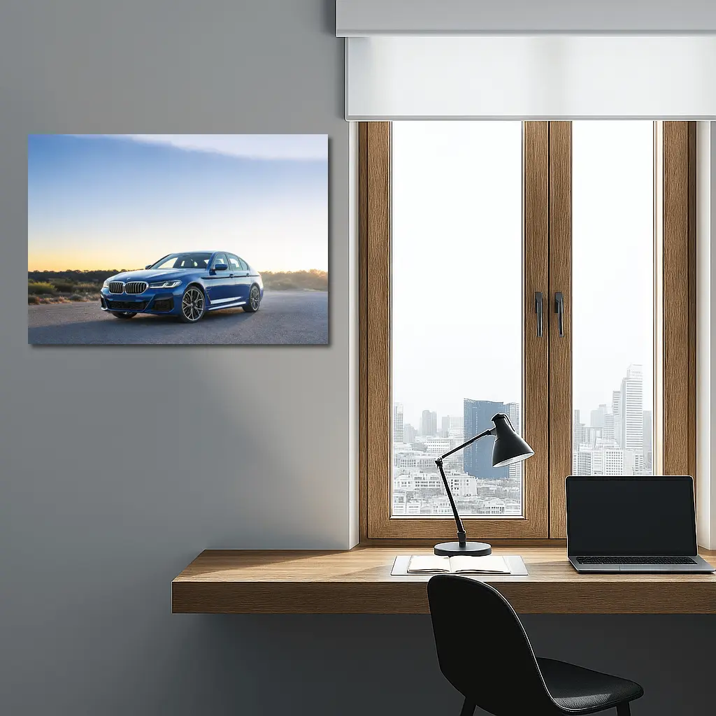 BMW 5 Series Blue Sedan Desert Sunset – Wall Art