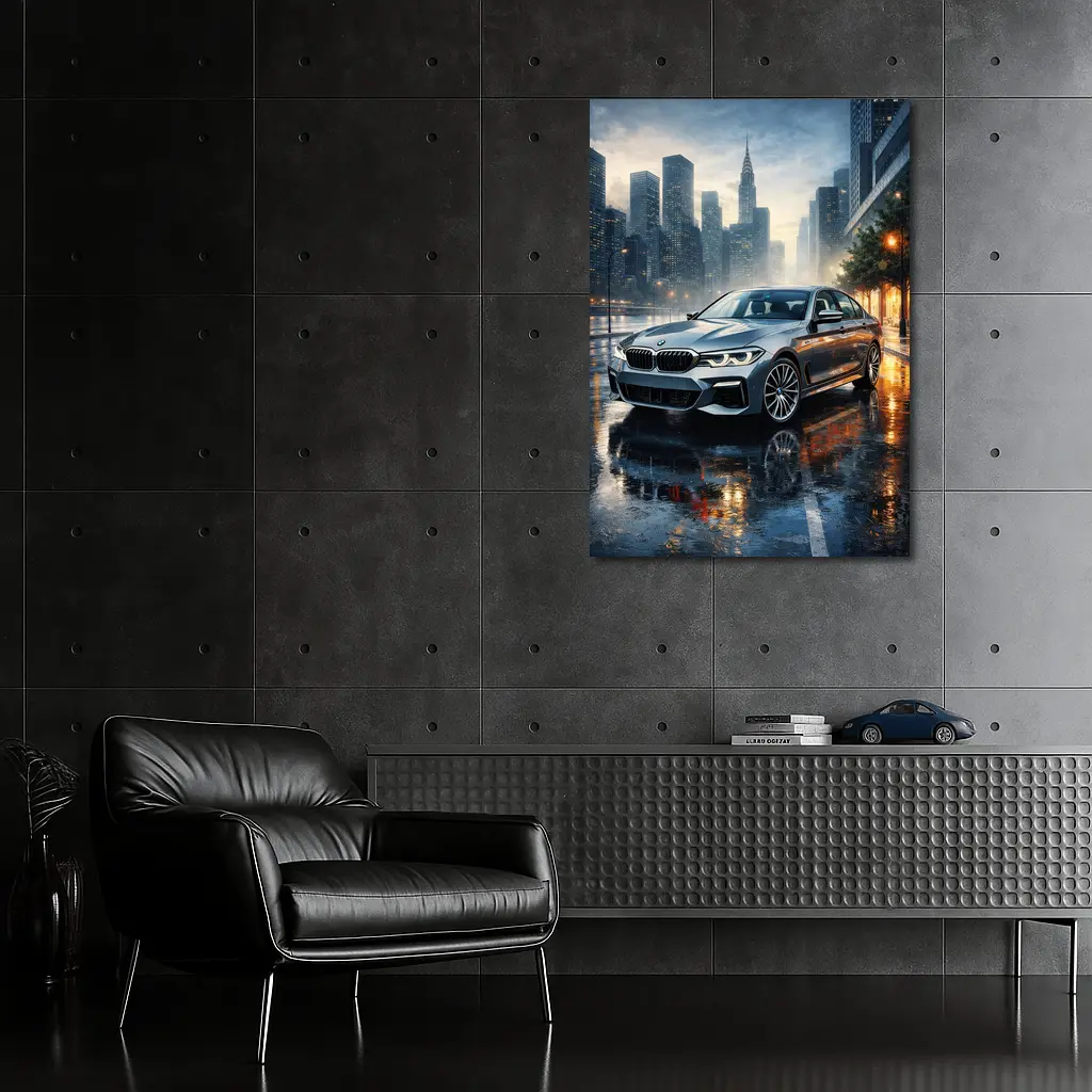 BMW 5 Series Rainy City Night Street – Wall Art
