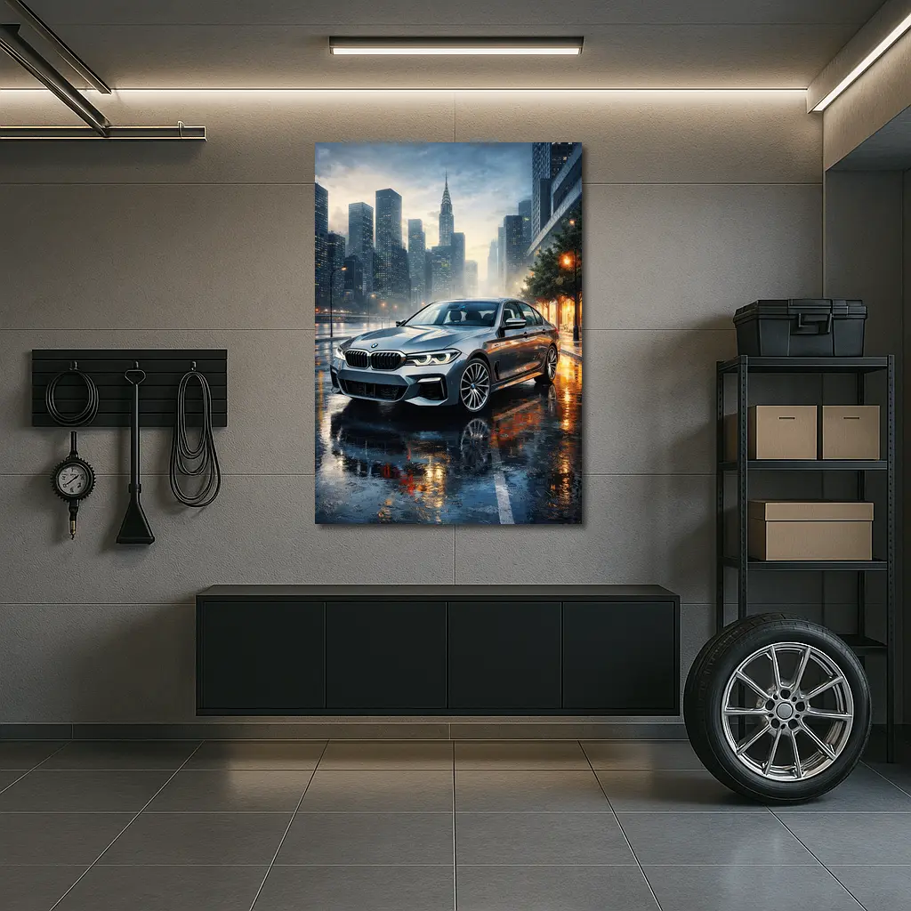 BMW 5 Series Rainy City Night Street – Wall Art