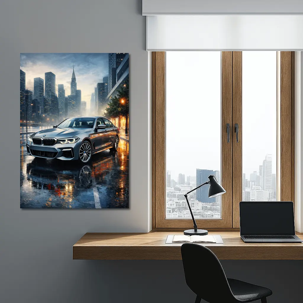 BMW 5 Series Rainy City Night Street – Wall Art
