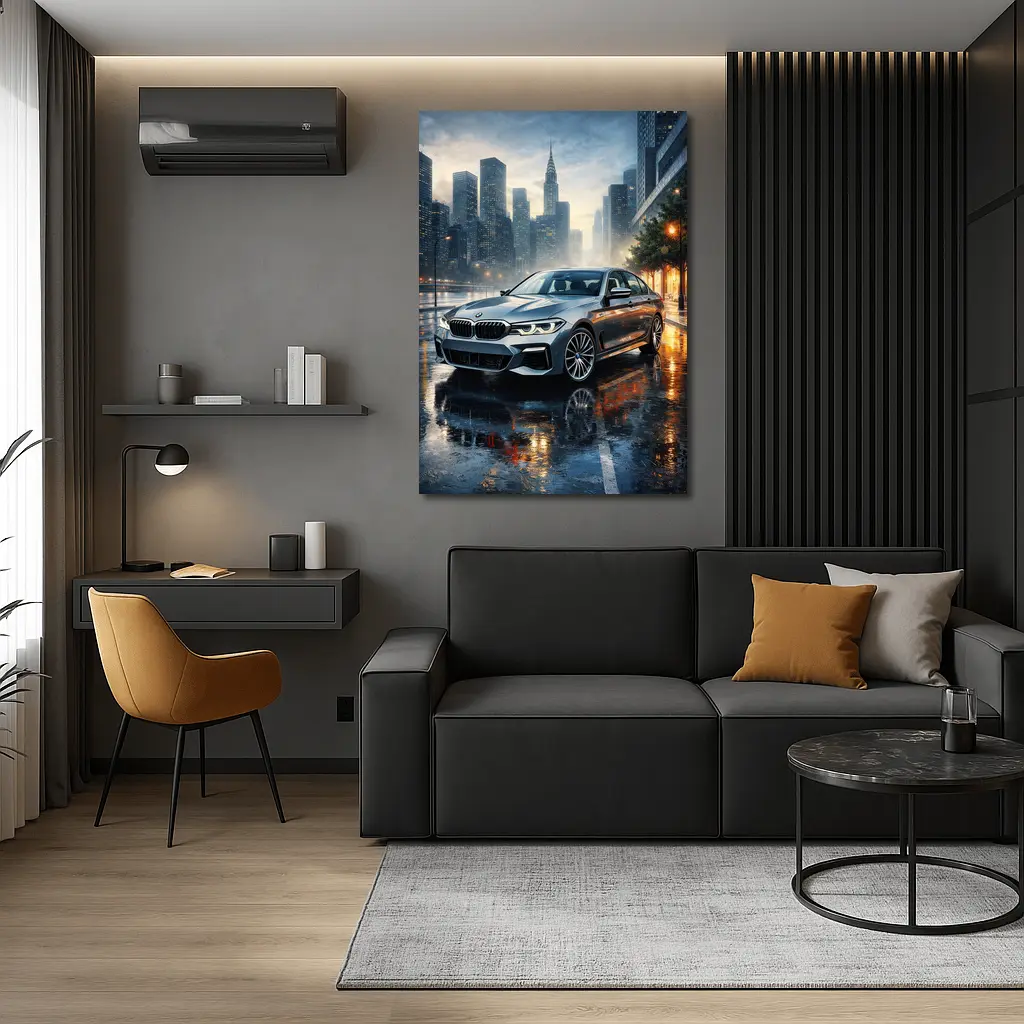 BMW 5 Series Rainy City Night Street – Wall Art