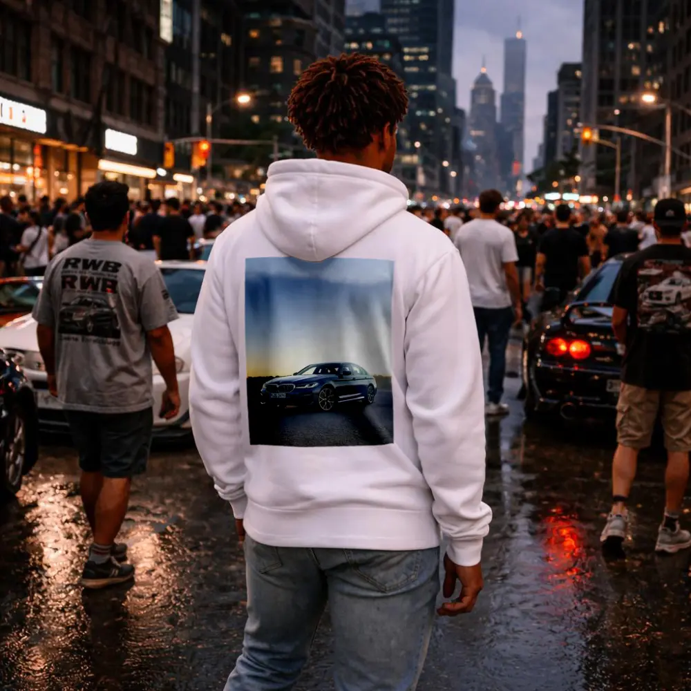 BMW 5 Series Blue Sedan Open Road – Hoodies