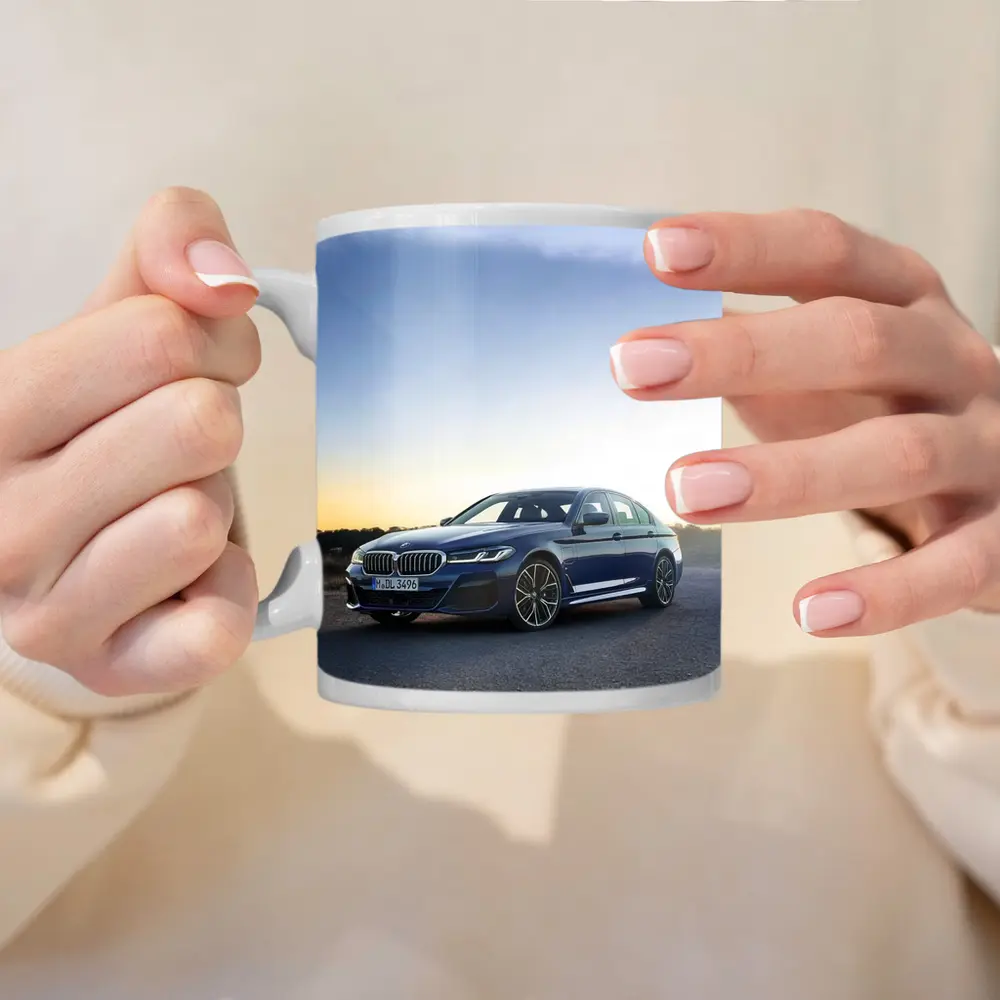 BMW 5 Series Blue Sedan Open Road – Mugs