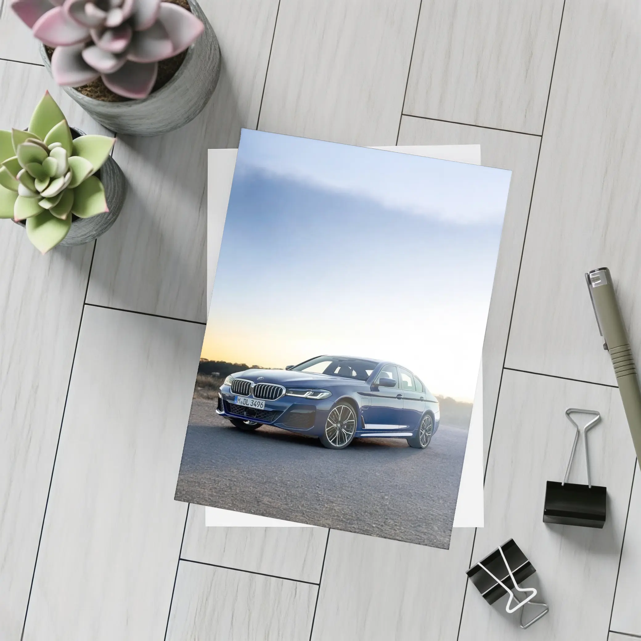 BMW 5 Series Blue Sedan Open Road – Postcards