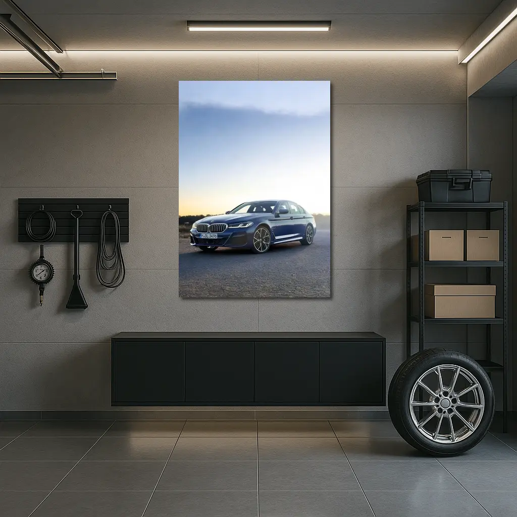 BMW 5 Series Blue Sedan Open Road – Wall Art