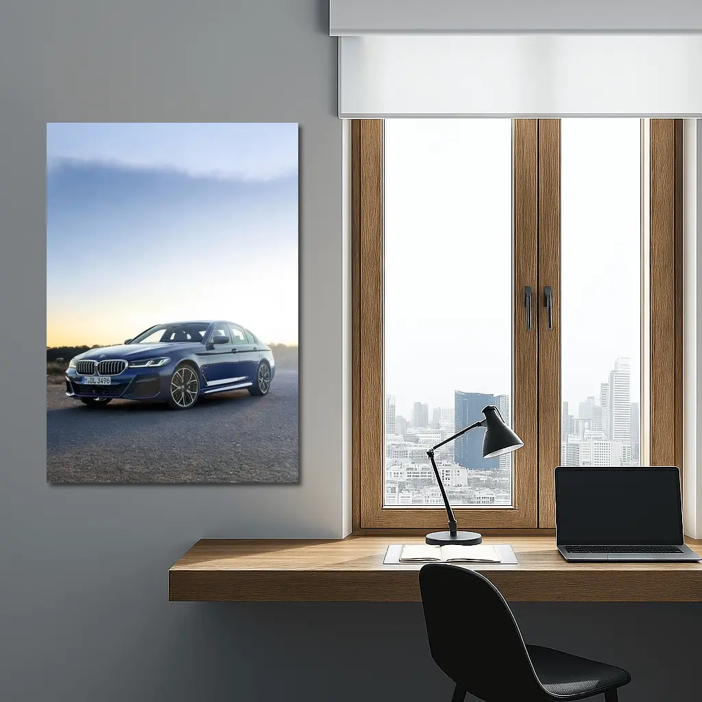 BMW 5 Series Blue Sedan Open Road – Wall Art