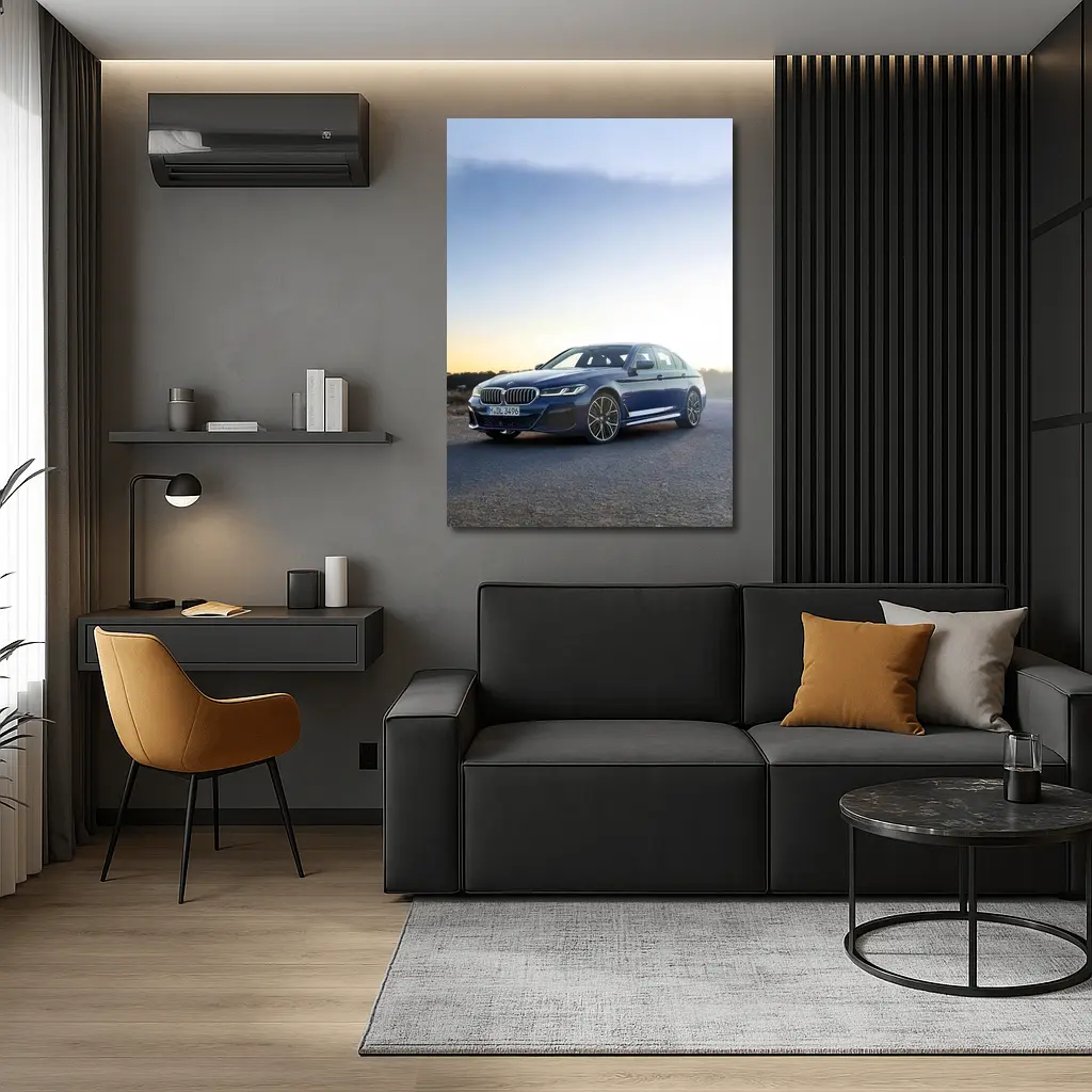 BMW 5 Series Blue Sedan Open Road – Wall Art