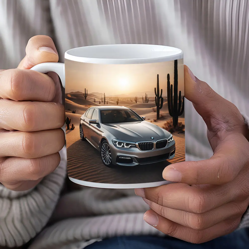 BMW 5 Series Silver Desert Sunset Scene – Mugs