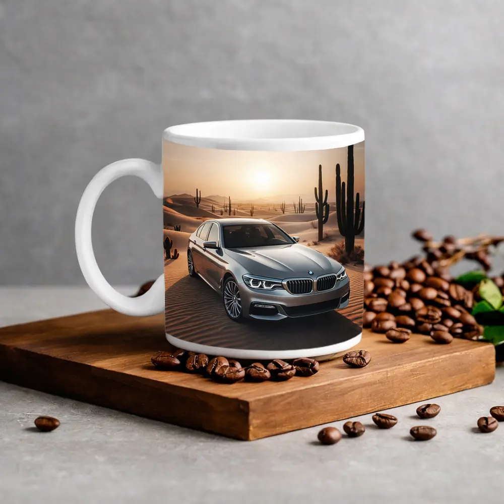 BMW 5 Series Silver Desert Sunset Scene – Mugs