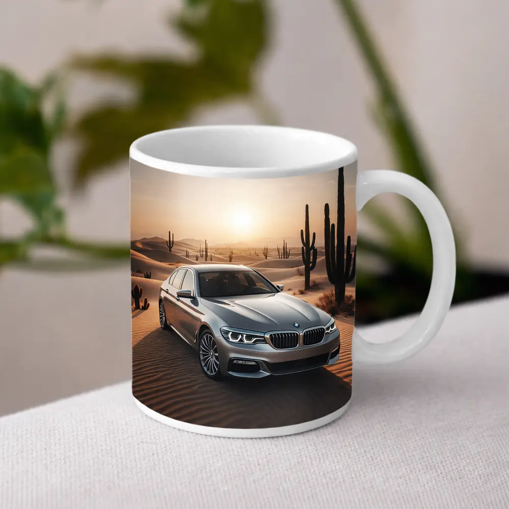 BMW 5 Series Silver Desert Sunset Scene – Mugs