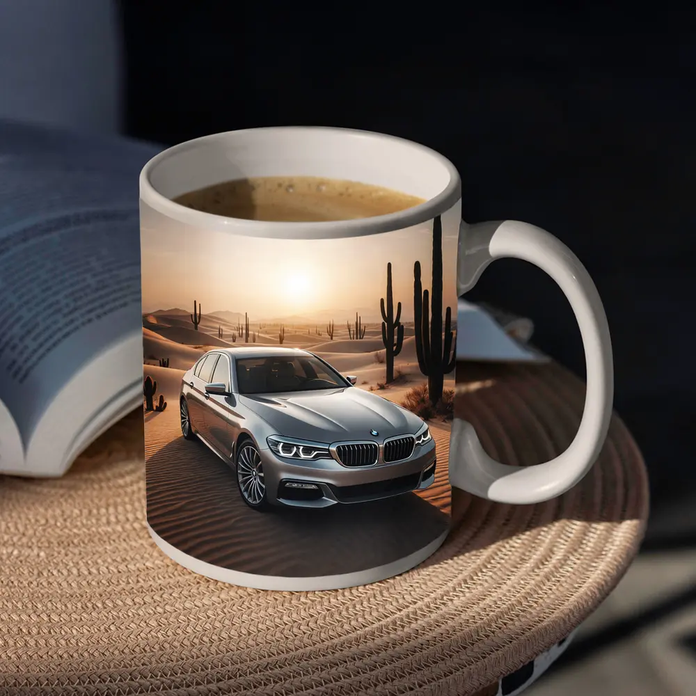 BMW 5 Series Silver Desert Sunset Scene – Mugs