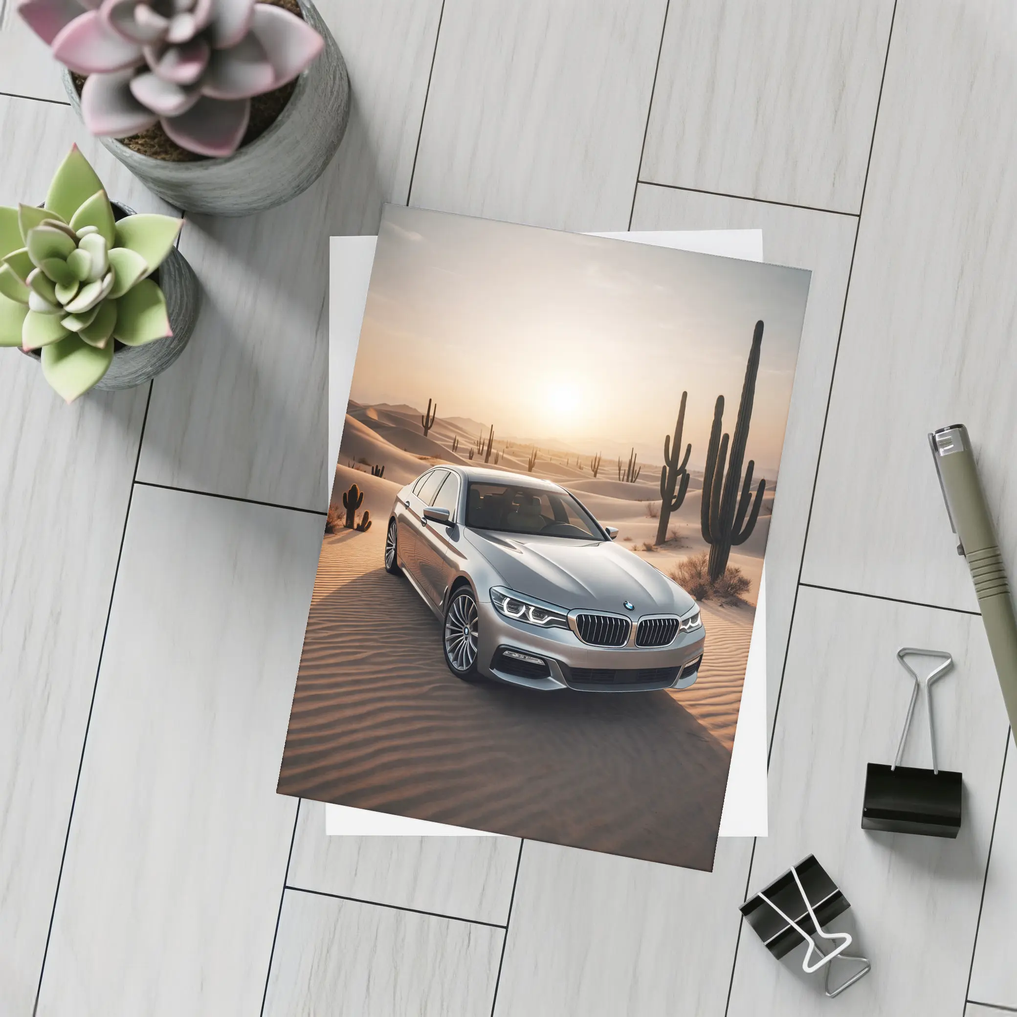 BMW 5 Series Silver Desert Sunset Scene – Postcards