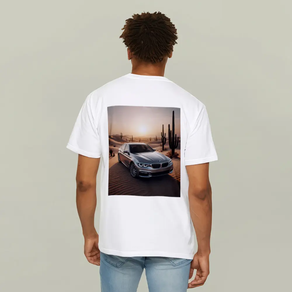 BMW 5 Series Silver Desert Sunset Scene – T-Shirts