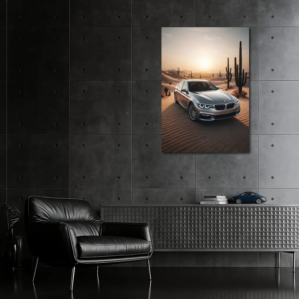 BMW 5 Series Silver Desert Sunset Scene – Wall Art