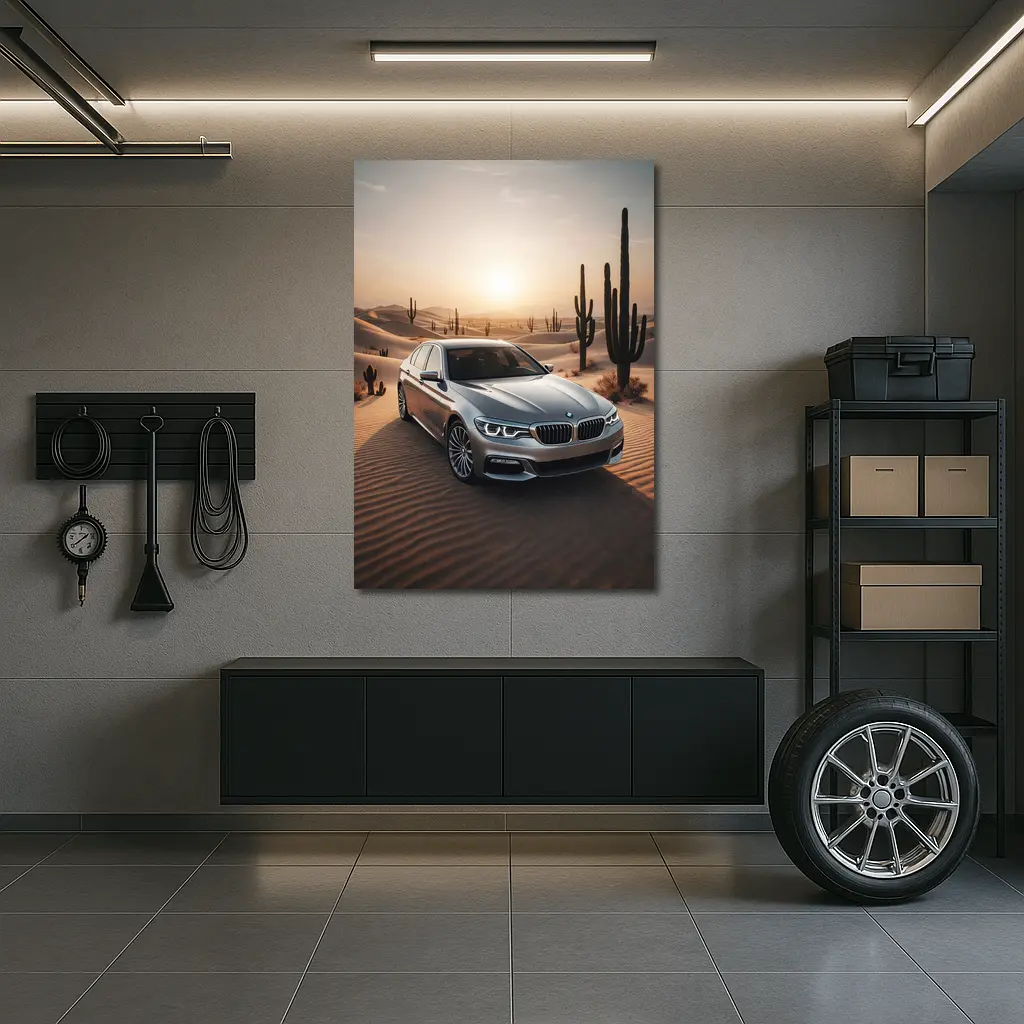 BMW 5 Series Silver Desert Sunset Scene – Wall Art