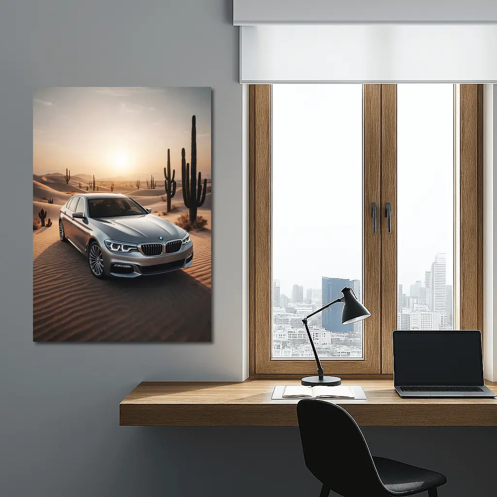 BMW 5 Series Silver Desert Sunset Scene – Wall Art