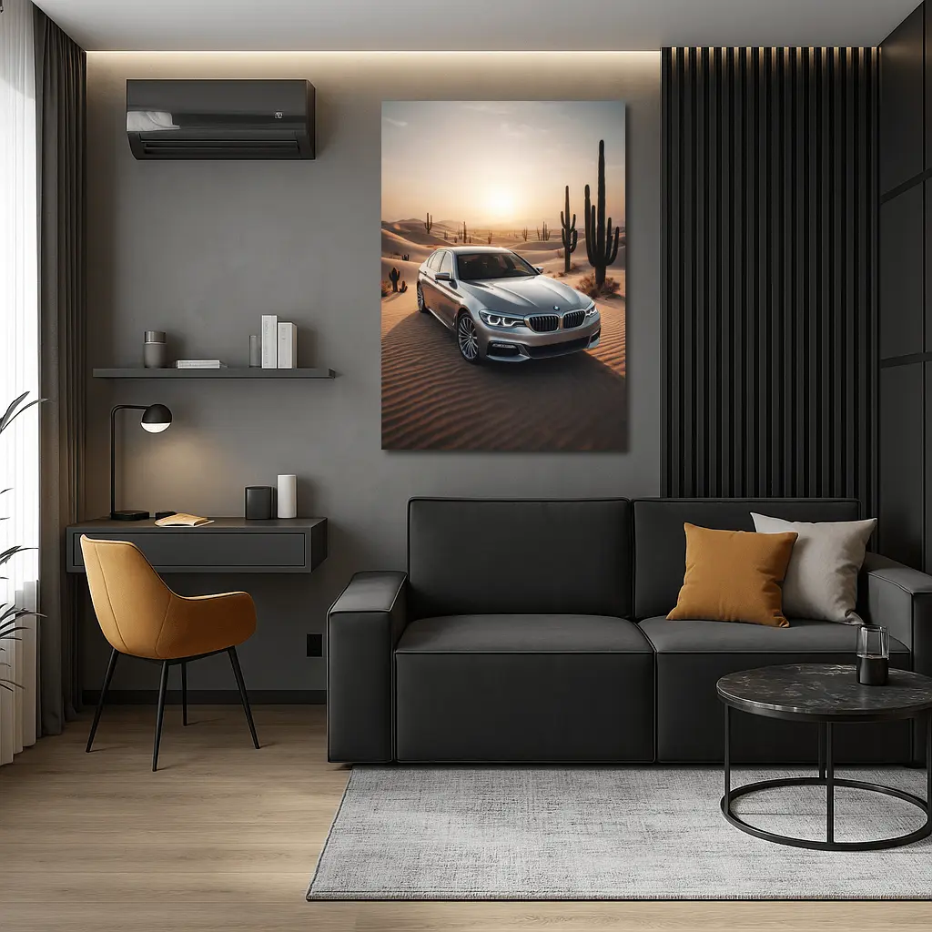 BMW 5 Series Silver Desert Sunset Scene – Wall Art