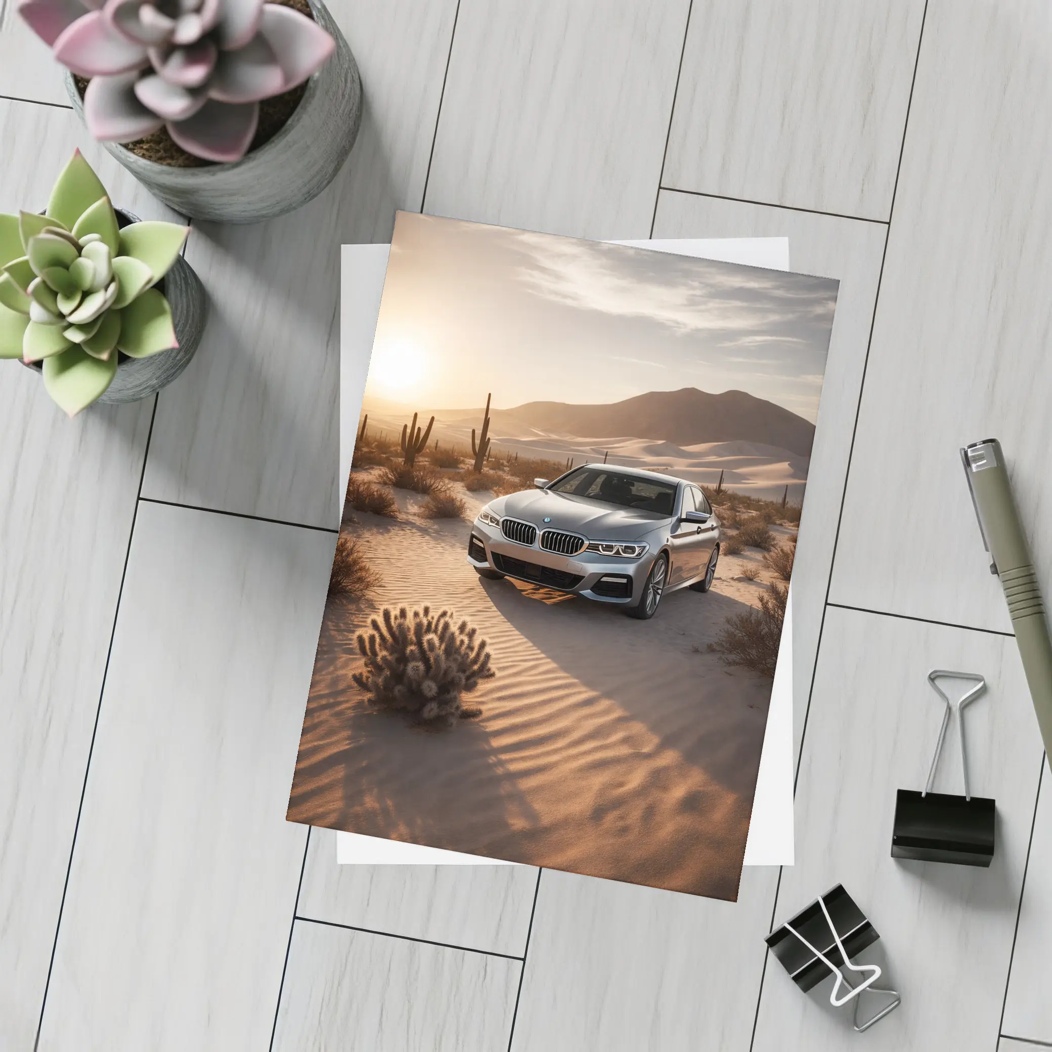 BMW 5 Series Silver Sedan Desert Sunset – Postcards