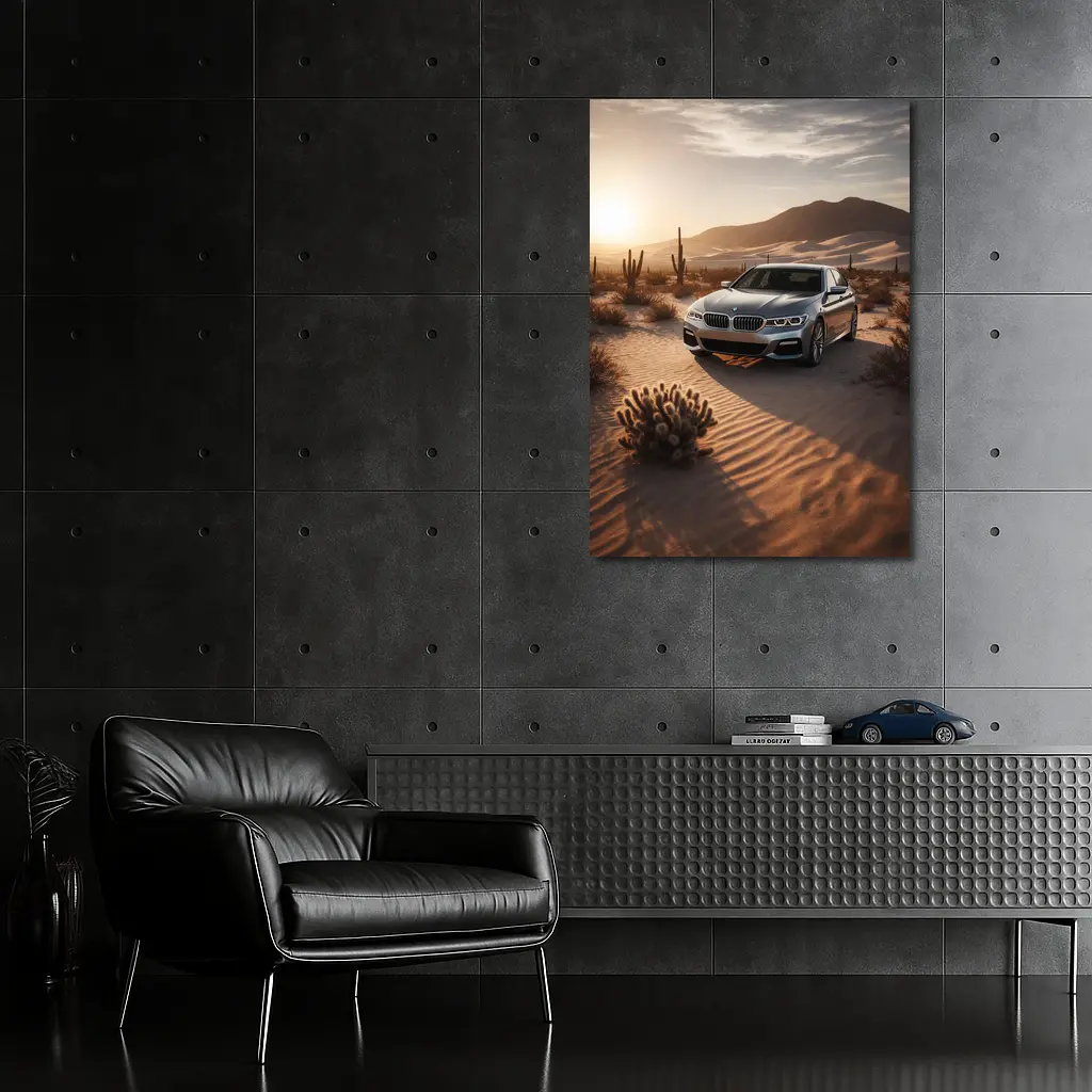 BMW 5 Series Silver Sedan Desert Sunset – Wall Art