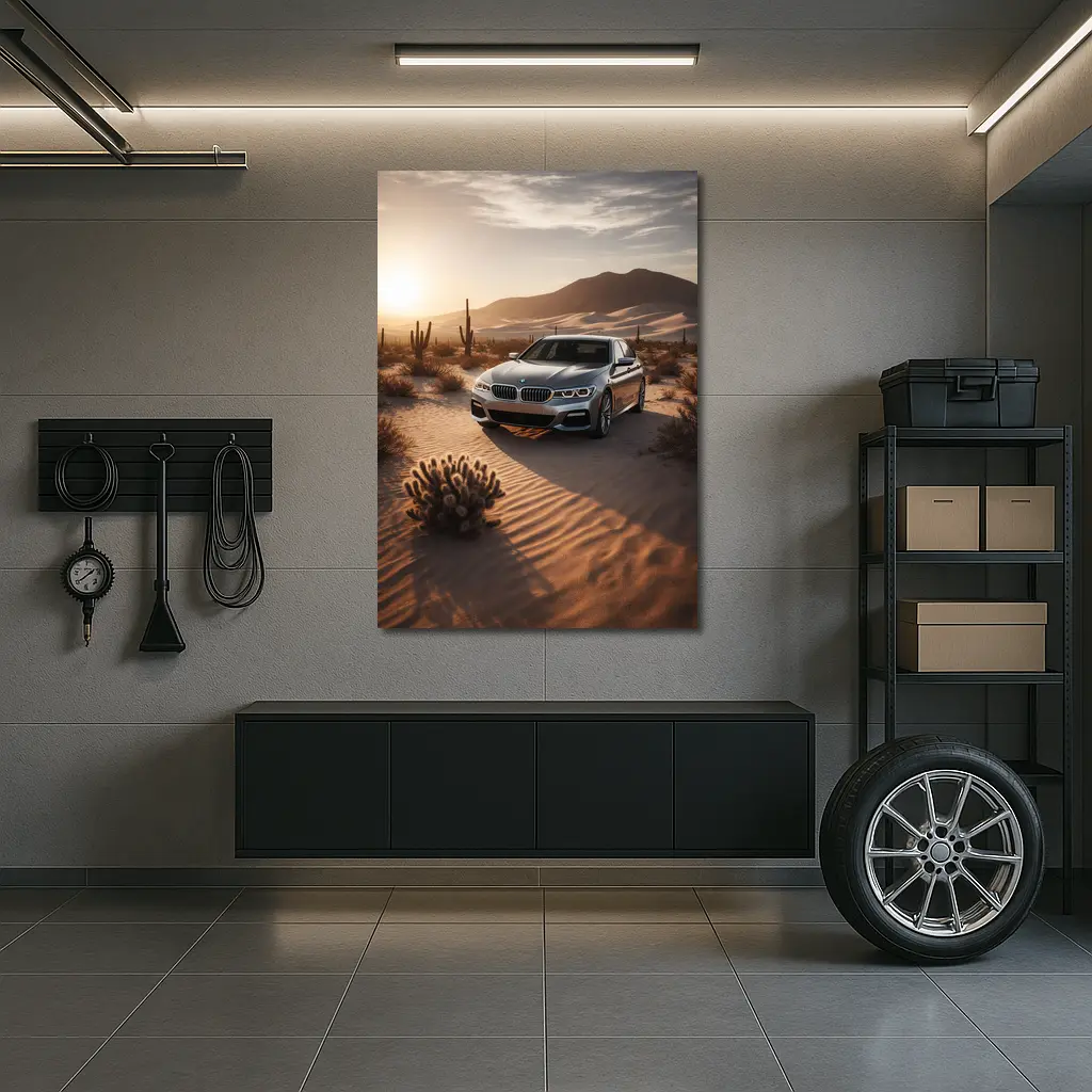 BMW 5 Series Silver Sedan Desert Sunset – Wall Art