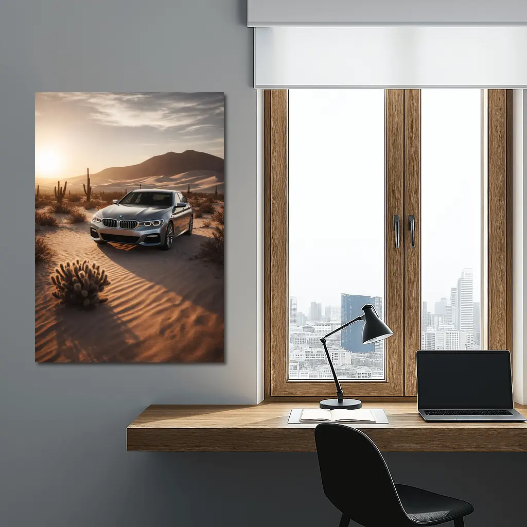 BMW 5 Series Silver Sedan Desert Sunset – Wall Art