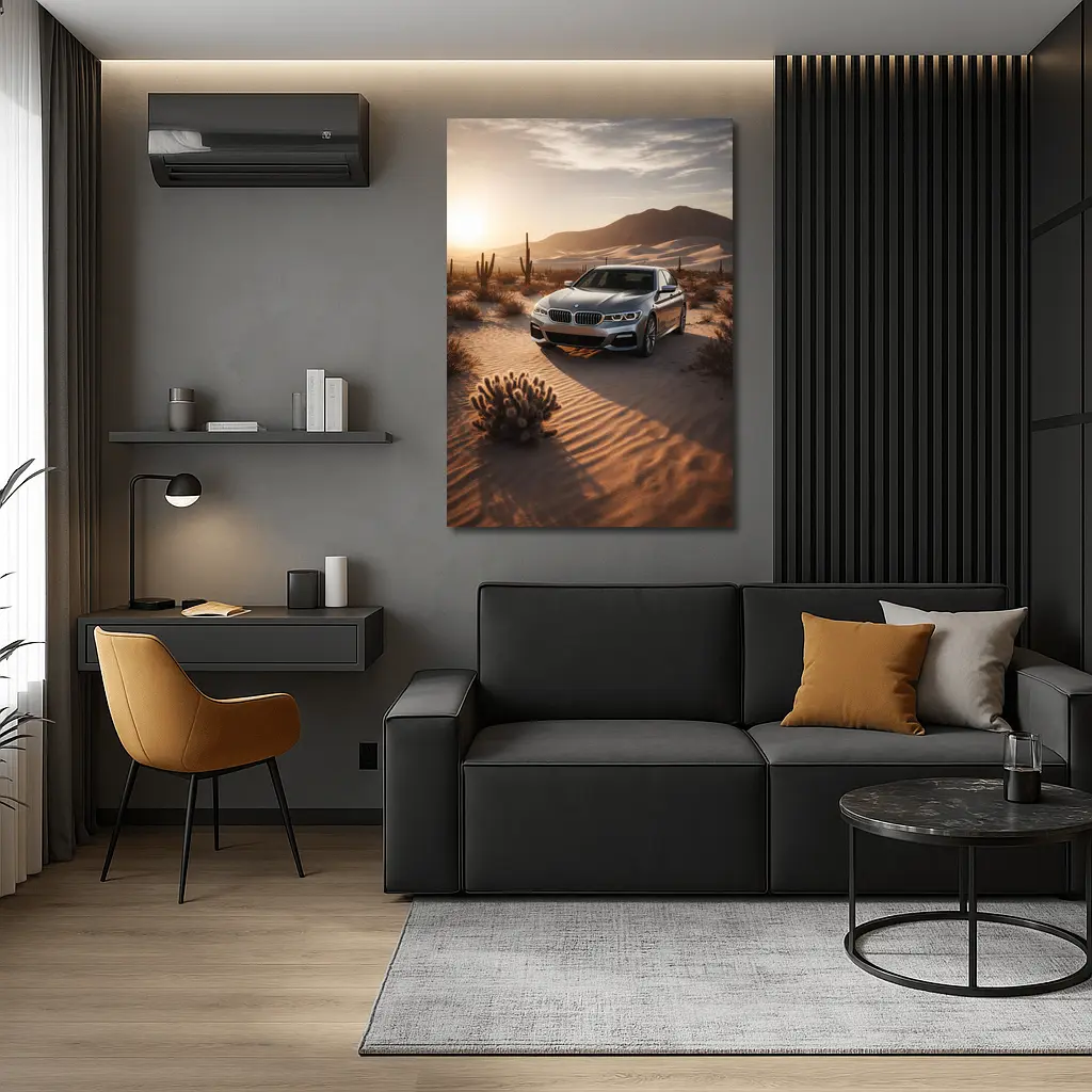 BMW 5 Series Silver Sedan Desert Sunset – Wall Art