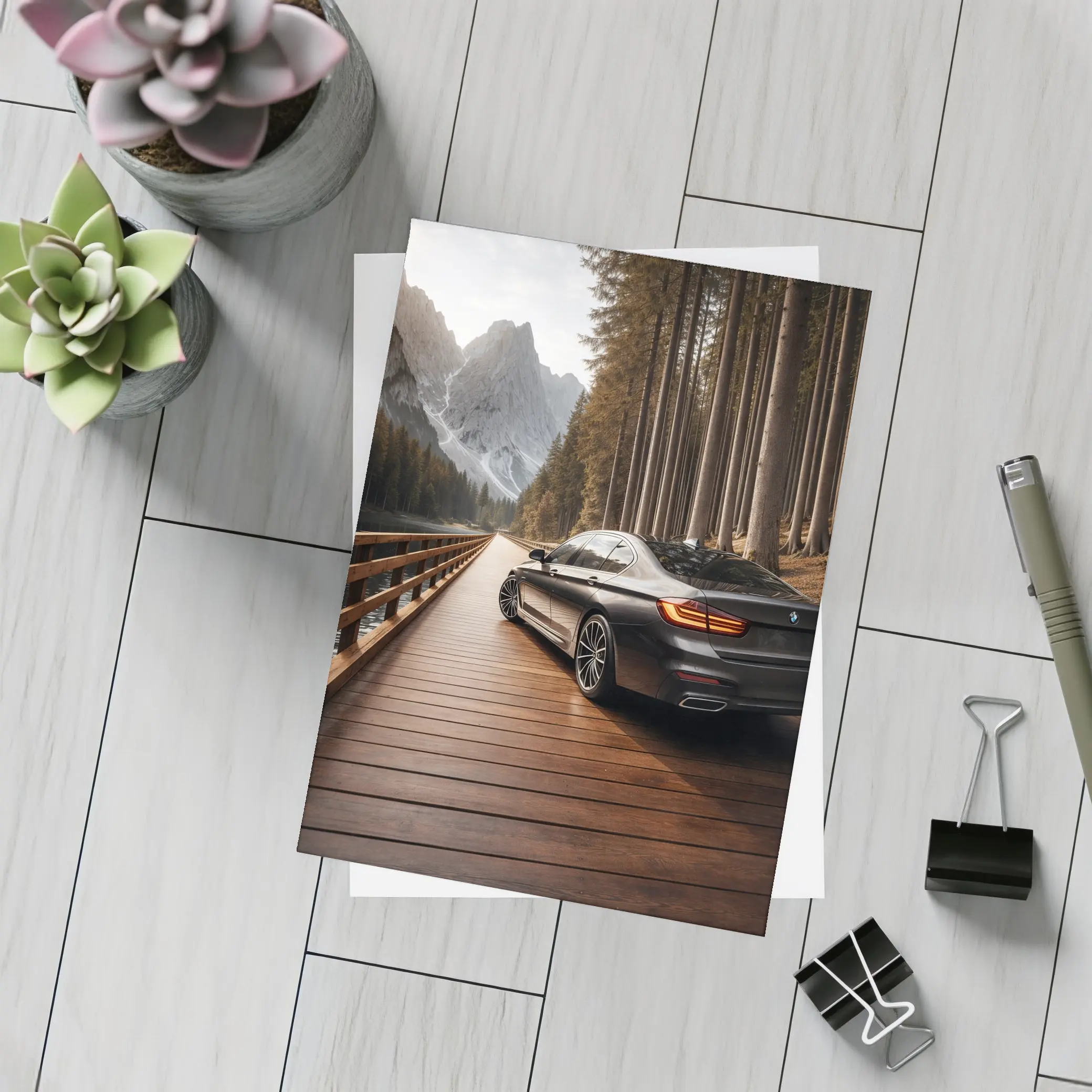 BMW 7 Series On Mountain Wooden Bridge – Postcards