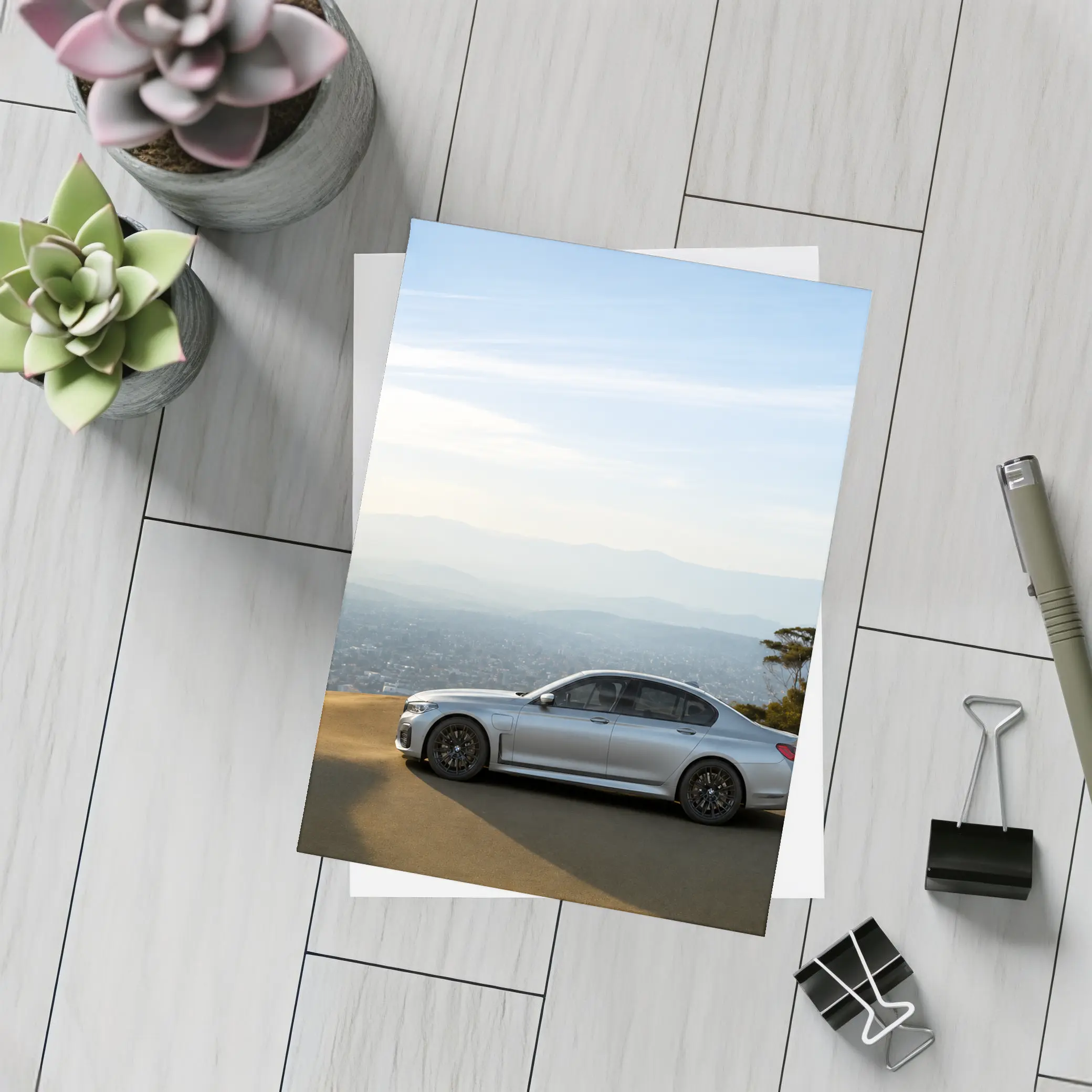 BMW 7 Series Silver Sedan City Overlook – Postcards