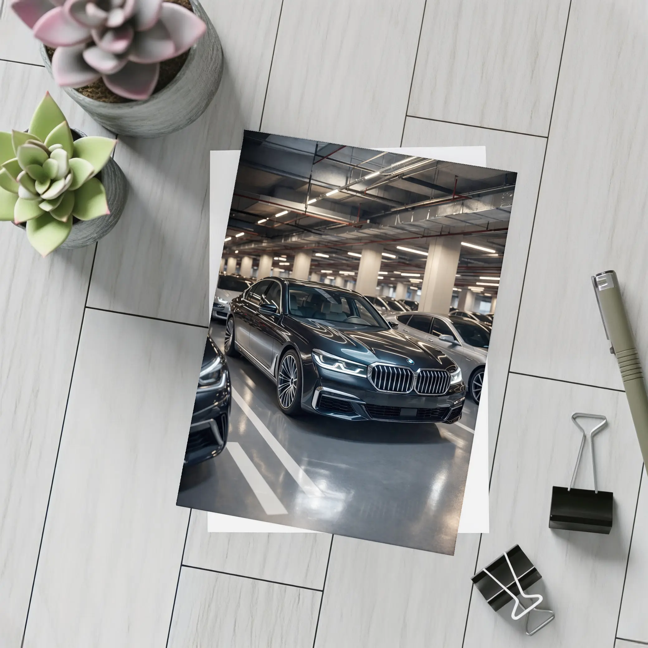 BMW Seven Series Black Sedan Parking Garage – Postcards