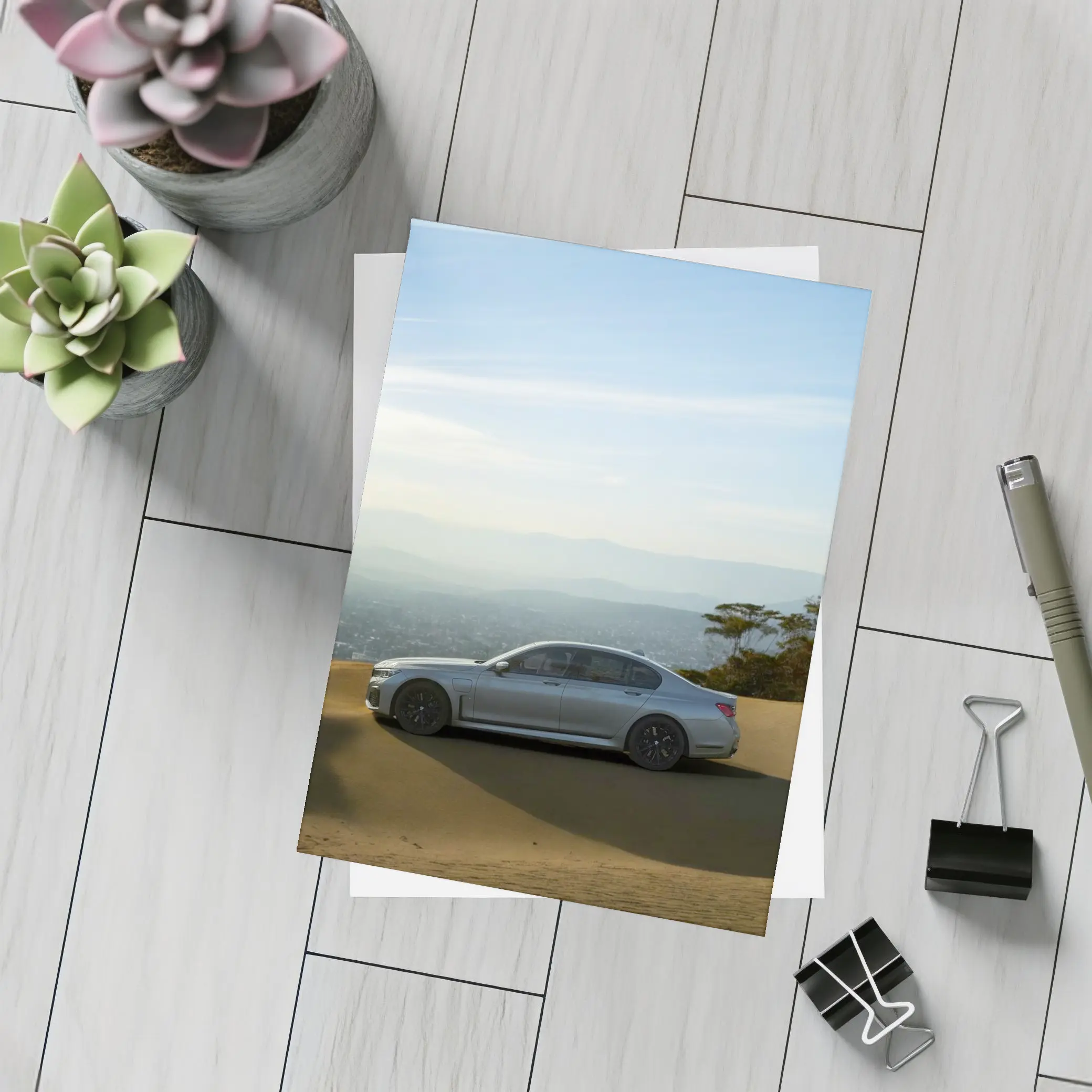 BMW 7 Series Silver Sedan Desert Overlook – Postcards